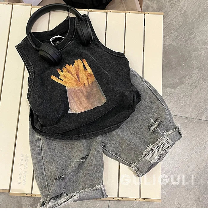 T-shirt Summer Wear Children Clothing Retro Black Cotton Handsome Boys Sleeveless Easy Vest Tide Tops 2024 Fashion Cool