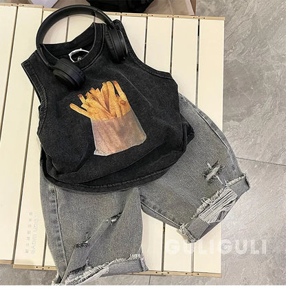Camiseta ropa de verano ropa para niños Retro negro algodón chicos guapos sin mangas chaleco fácil marea Tops 2024 moda fresca