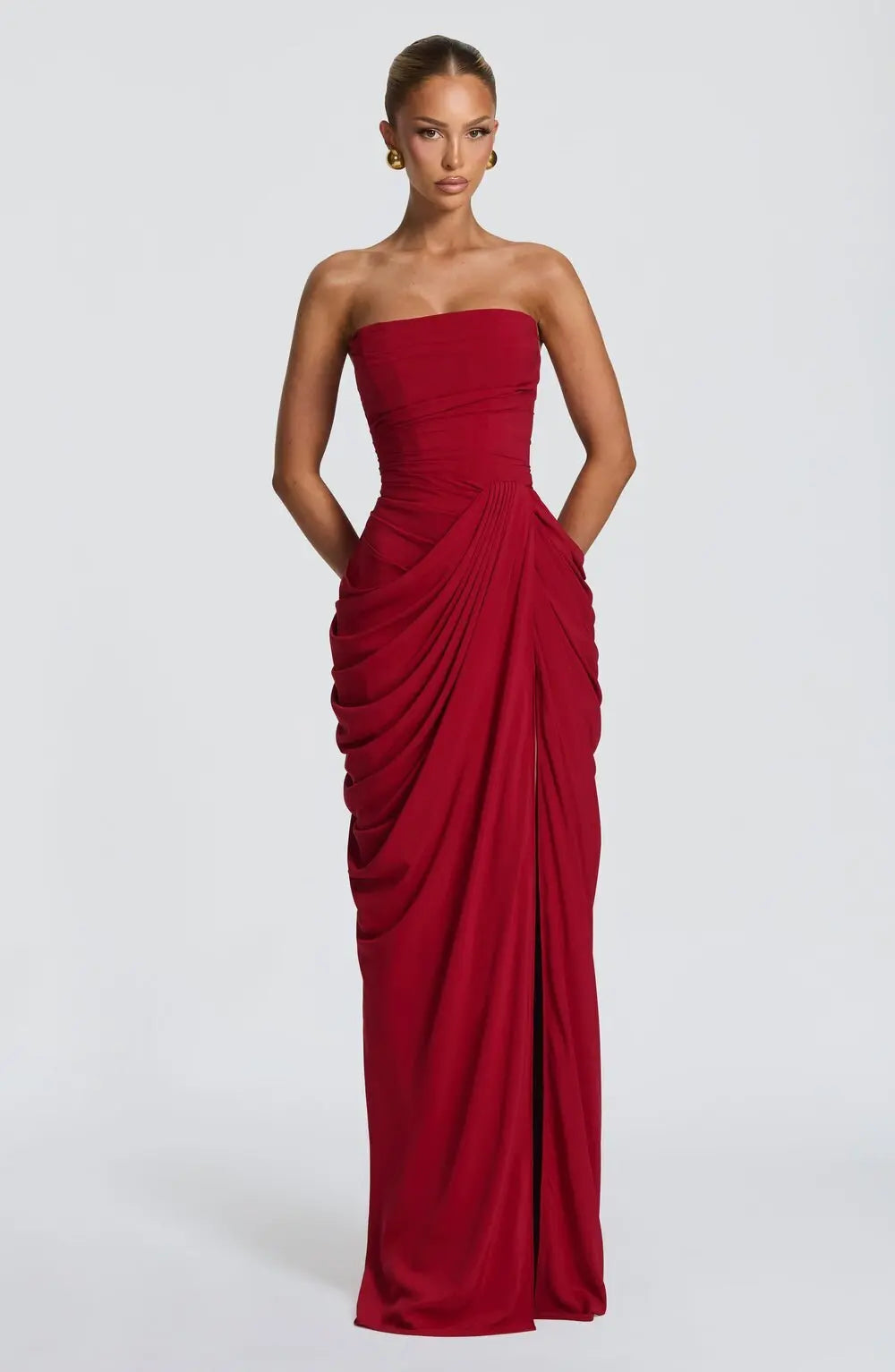 Sexy Solid Pleated Strapless Dress Lady Chic Off-shoulder Backless High Waist Split Dresses Women 2026 New Evening Party Gown