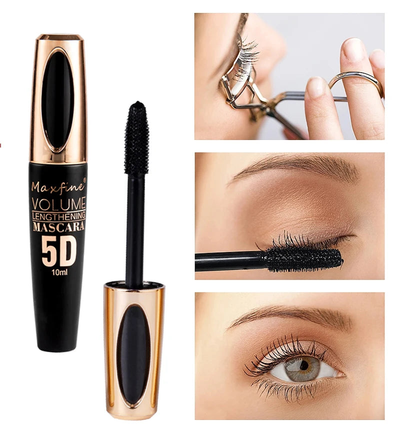 Máscara de pestañas de seda 5D con ojos grandes, contenido y longitud negros fuertes y duraderos, resistente al agua y antiaglomerante, y de duración prolongada.