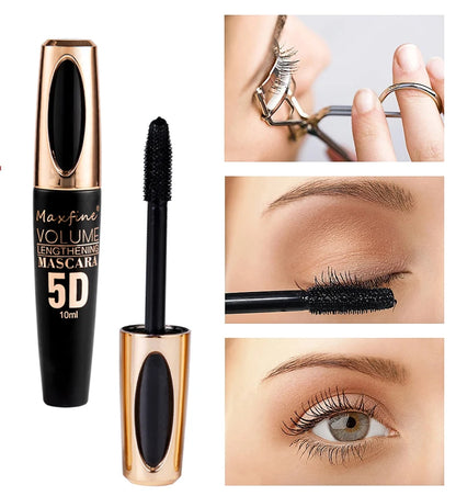 Máscara de pestañas de seda 5D con ojos grandes, contenido y longitud negros fuertes y duraderos, resistente al agua y antiaglomerante, y de duración prolongada.