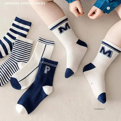 5 Pairs Kids Boys Socks Tennis Series Children Sport School Students Socks Spring Autumn Soft Cotton Toddler Mid Tube Sock