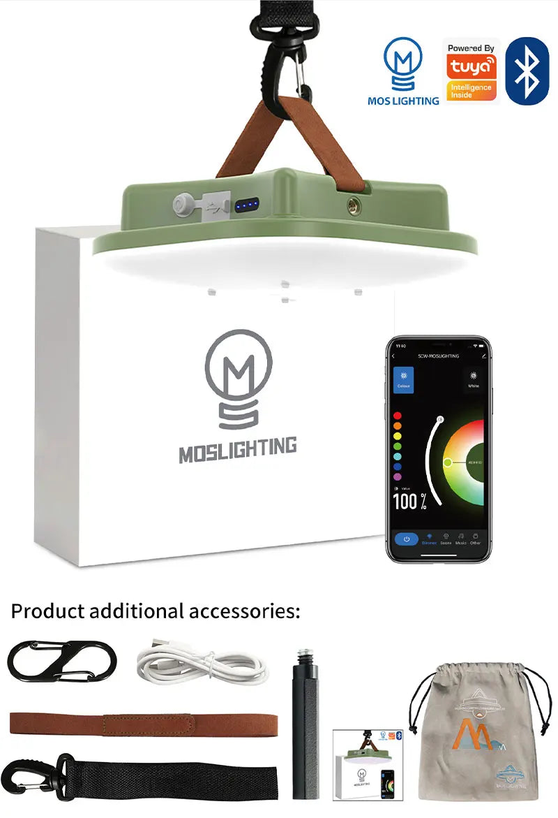 Linterna de camping recargable, luz inteligente, control Bluetooth mediante aplicación Tuya, sincronización de música, iluminación LED RGB para tienda de campaña, 13500 mAh, exterior, 80 W