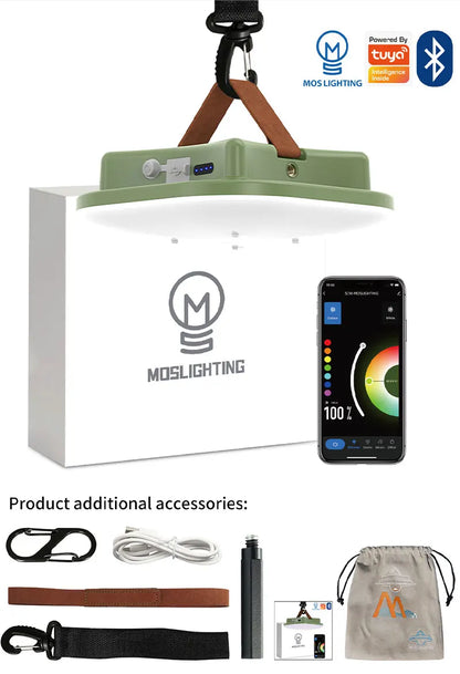 Linterna de camping recargable, luz inteligente, control Bluetooth mediante aplicación Tuya, sincronización de música, iluminación LED RGB para tienda de campaña, 13500 mAh, exterior, 80 W