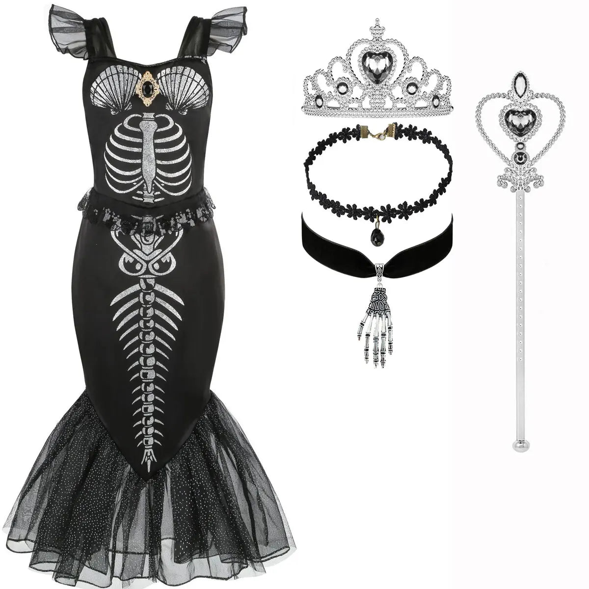 Halloween New Horror Skeleton Little Mermaid Costume Ariel Princess Black Skeleton Fishtail Dress Holiday Special Dress