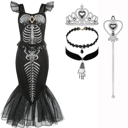 Halloween New Horror Skeleton Little Mermaid Costume Ariel Princess Black Skeleton Fishtail Dress Holiday Special Dress