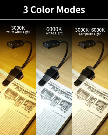 Rechargeable Book Reading Light Lamp, LED Book Light for Reading in Bed - Eye Caring Adjustable Brightness 3 Color Temperatures