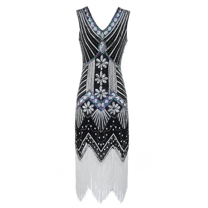 Mandylandy Women Vintage Dress Retro 1920s Great Gatsby Dress Sequin Flapper Sleeveless Dancing Party Prom Tassel Hem Dress
