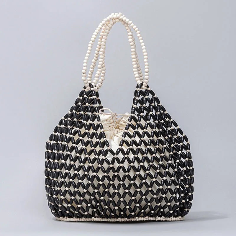 Handmade Woven Beaded Handbag For Women Exquisite Hollow-out Wooden Beaded Shoulder Bag Female Beach Bag