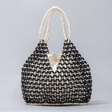 Handmade Woven Beaded Handbag For Women Exquisite Hollow-out Wooden Beaded Shoulder Bag Female Beach Bag