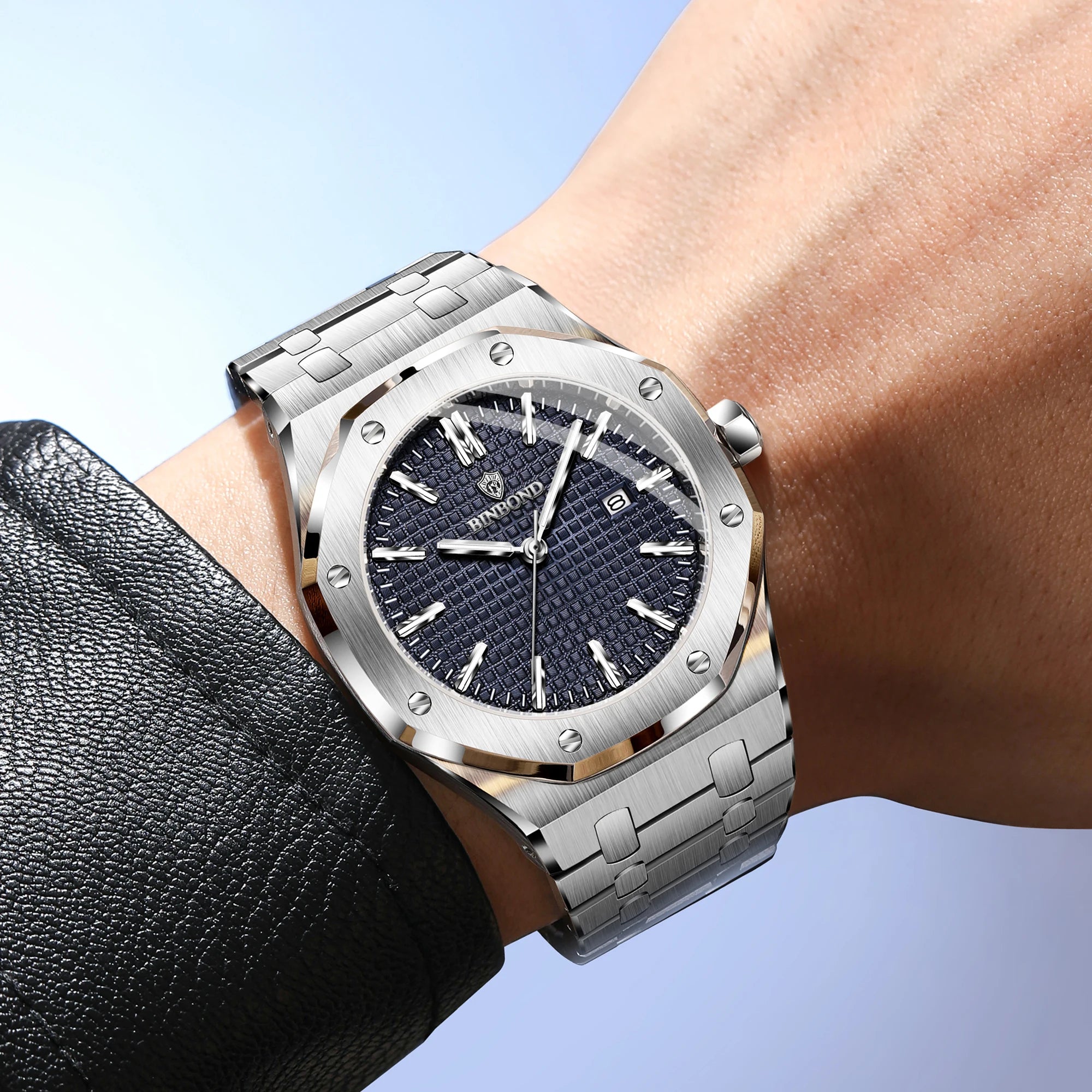 BINBOND Sturdy Stainless Steel Strap Quartz Wristwatches for Men Luxury Luminous Waterproof Auto Date Accurate Men's Watch Reloj