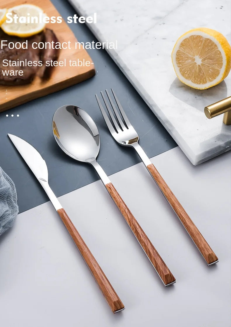Juego de cubiertos con mango de madera de imitación de acero inoxidable, abrazadera para vajilla occidental, cuchillo, tenedor, cuchara de té, 30 Uds.