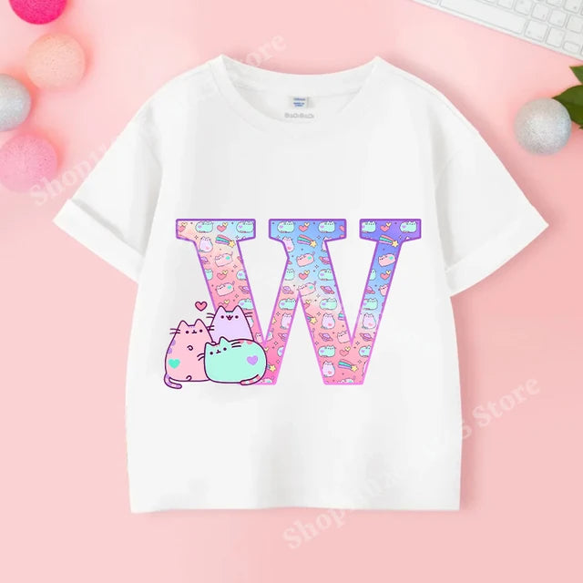 Pusheens Short Sleeve T-shirt for Girls from A to Z, Anime Cat, Summer Clothes, Outdoor Sport, New, Gift for Kids, Special Sale 