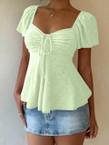 2026 Women Y2k Summer Tops V-Neck Drawstring Sexy Lace Up Short Sleeve Solid Color Shirts Female Elegant Casual Fashion Blouses