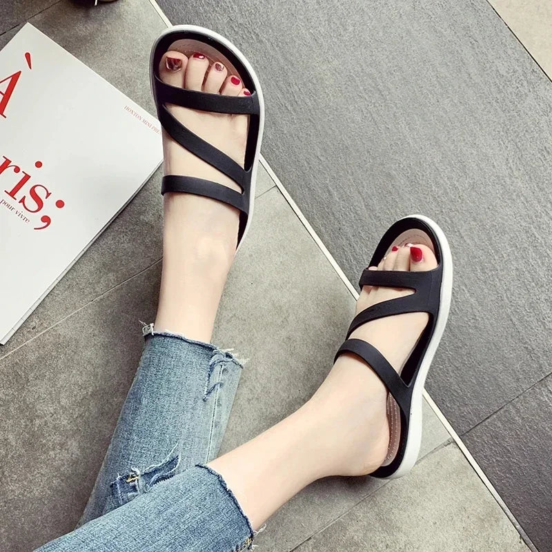 Women's Summer Slippers Platform Flat Low Heel Peep Toe Sandals Black Slides Casual Beach Outdoor Female Ladies Jelly Shoes