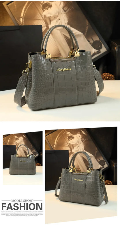2023 New Luxury Crocodile Bag for Women Casual Tote High Qualtiy Patent Leather Shoulder Purses Elegant Dinner Noble Purse Black