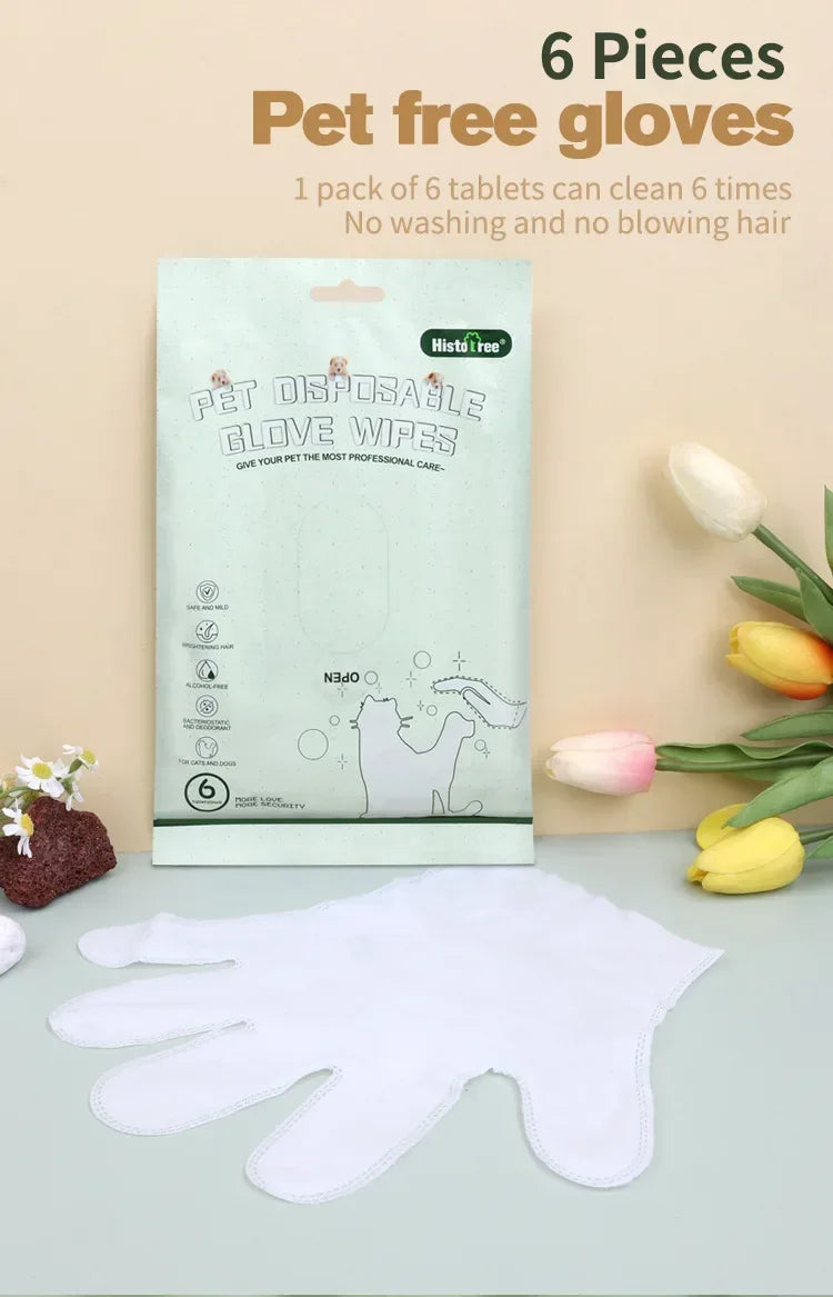 6PCS Cat Dog Disposable Glove Towels Pet Wash Free Glove No Rinse Washing Gloves Towels Deodorizing Dry Cleaning Wet Towels