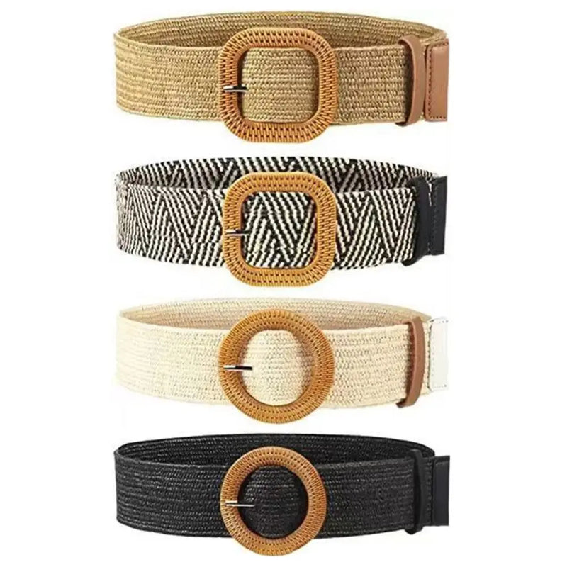 Summer Fashion Women Straw Belt Casual Bohemian Wide Summer Braided Waistbelt  Buckle Elastic Female Straw Waist Belt