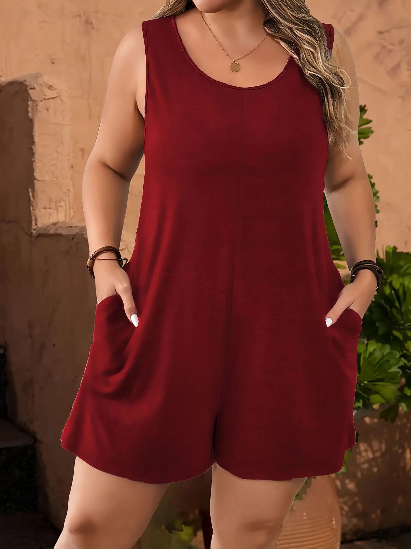 Plus Size Solid Vest Romper Round Neck Jumpsuit With Pockets Elegant Casual Summer Beach Holidays Black Short Jumpsuit For Women