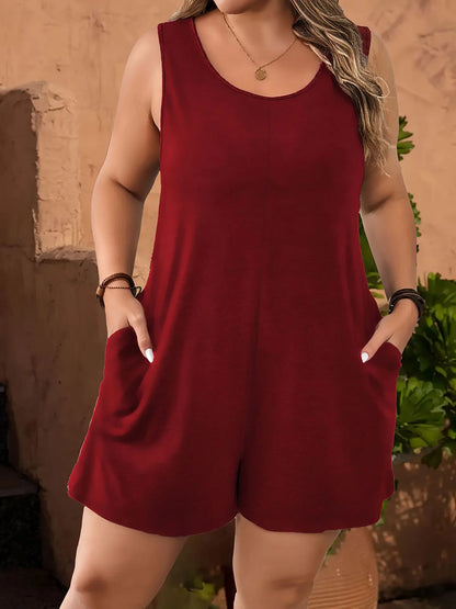 Plus Size Solid Vest Romper Round Neck Jumpsuit With Pockets Elegant Casual Summer Beach Holidays Black Short Jumpsuit For Women
