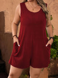 Plus Size Solid Vest Romper Round Neck Jumpsuit With Pockets Elegant Casual Summer Beach Holidays Black Short Jumpsuit For Women