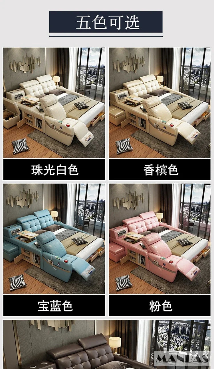 MINGDIBAO Massage Bed with Ultimate Comfort and Genuine Leather Multifunctional Frame - Bluetooth Speaker, Safe Air Cleaner, USB