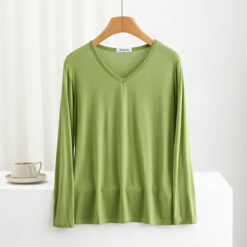 Modal Bottoming Tshirt Long sleeves thin Mask T-shirts Solid color V-Neck Base Tee Tops Plus size loose undershirt all match