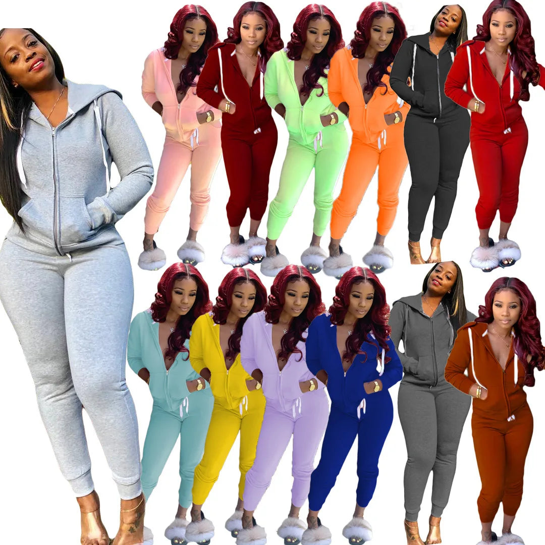 2 Pieces Set Women 2021 Fall Hot Style Europe women's Pure Color Fleece Two-Piece Suit Movement Sports Set Dropshipping ZXP9628