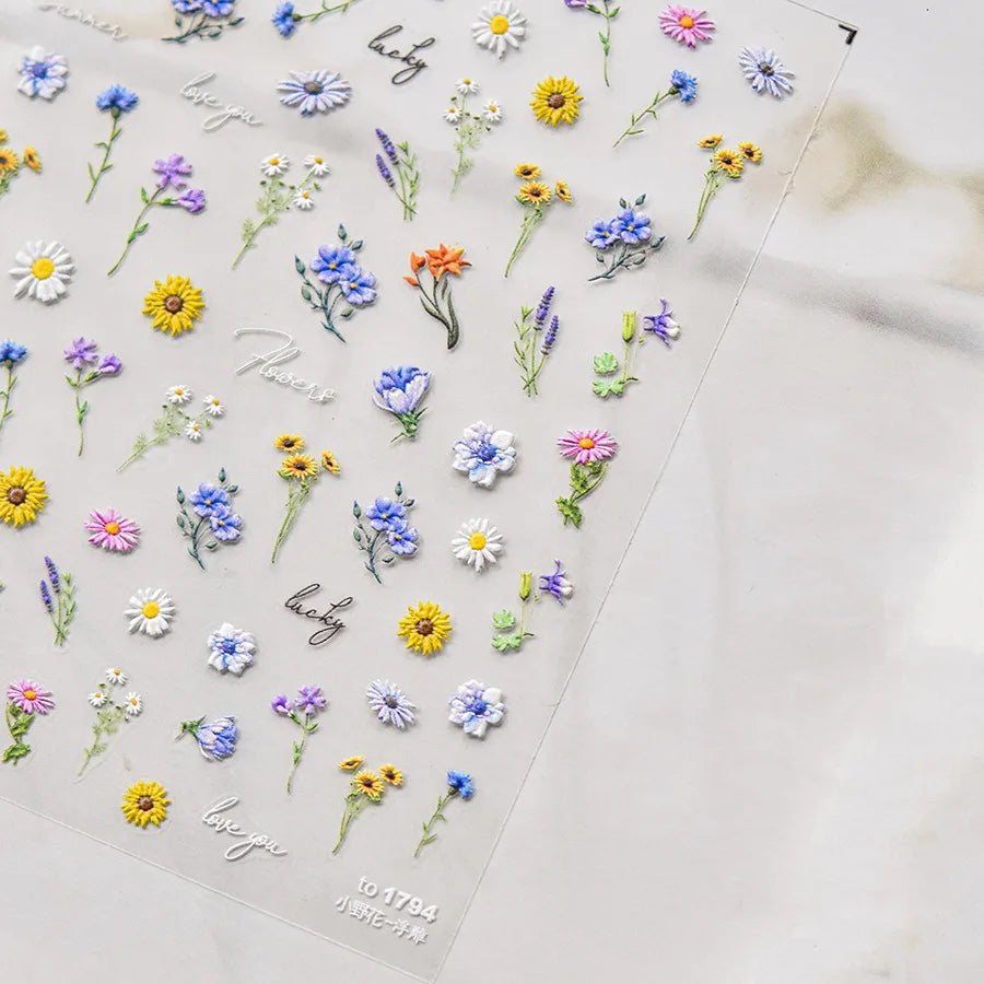 Colorful Sparkling Glass Fragment Spring Wildflowers High Quality Adhesive Flash Nail Stickers Art Decorations Design T-3784