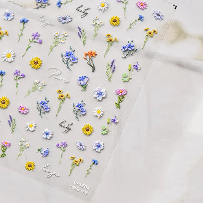 Colorful Sparkling Glass Fragment Spring Wildflowers High Quality Adhesive Flash Nail Stickers Art Decorations Design T-3784