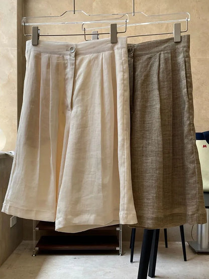 HanOrange 2024 Summer Lazy Linen Casual Knee Length Pants Women Loose Thin Anti-transparent A-line Profile Five Cents Trousers