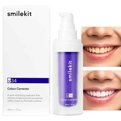 Pasta dental blanqueadora morada V34 de 30 ml. Elimina manchas, reduce el amarilleo y cuida tus dientes, encías, aliento fresco y blanquea los dientes.