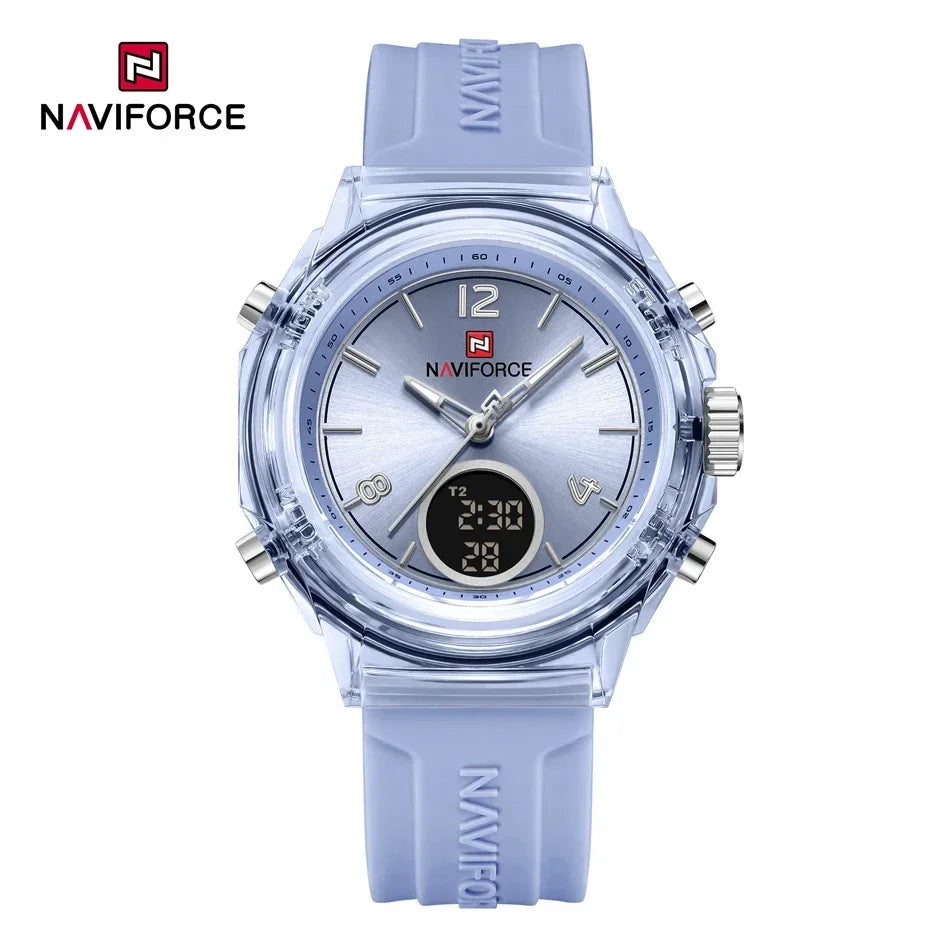 Relojes NAVIFORCE para mujer, nuevo diseño, esfera pequeña, deportivos, para mujer, resistente al agua hasta 5 ATM, reloj de pulsera de cuarzo con pantalla LCD digital, reloj para mujer