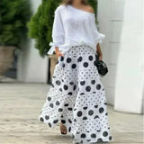 Traje elegante de otoño con estampado de moda para mujer, dos piezas, informal, de un solo cuello, hombros descubiertos, manga larga, color liso, top holgado, culotte