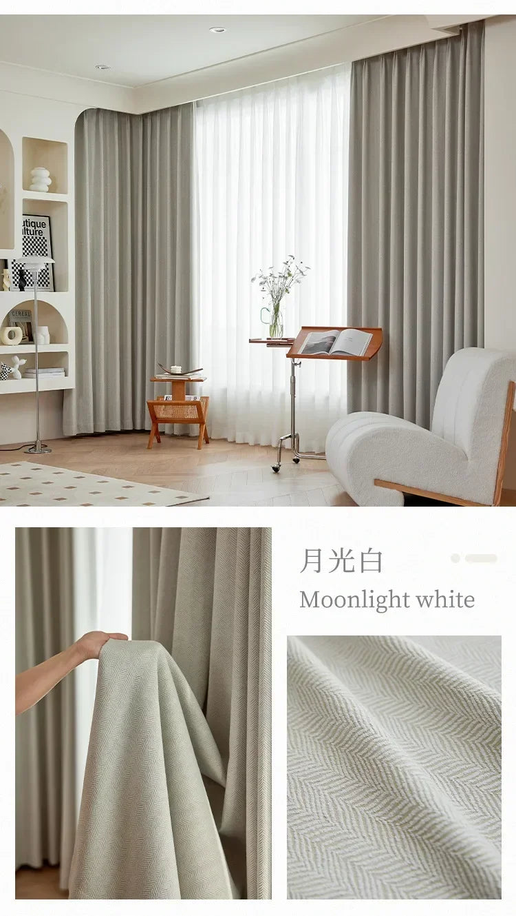 Herringbone Chenille Beige Thickened Blackout Curtains for Living Room Dining Room Bedroom Solid Color Luxury Curtains Custom