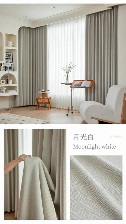 Herringbone Chenille Beige Thickened Blackout Curtains for Living Room Dining Room Bedroom Solid Color Luxury Curtains Custom