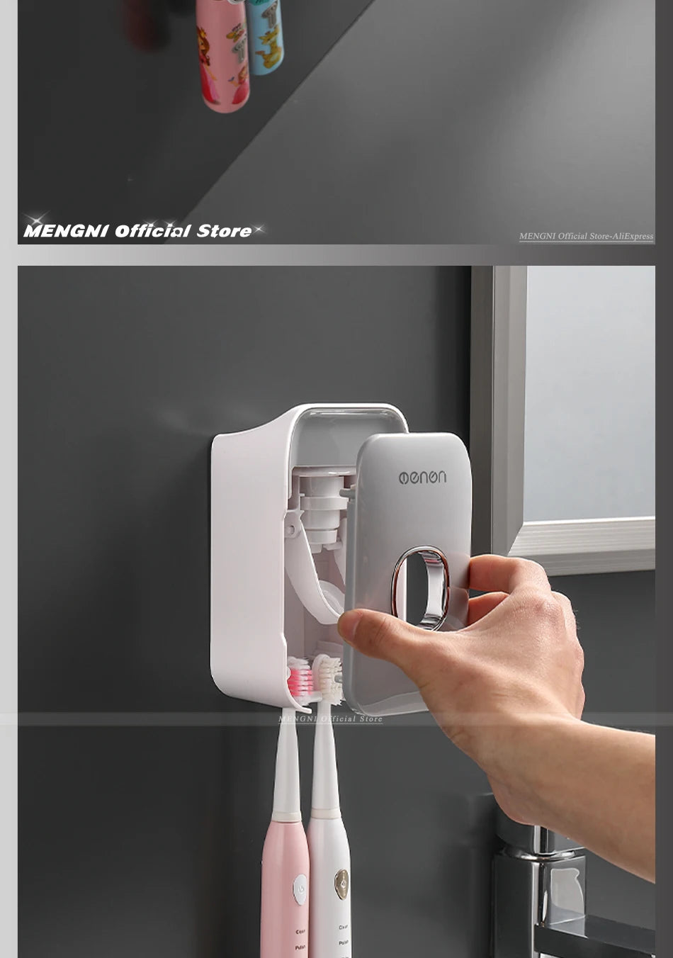 Dispensador de Pasta de Dente MENGNI – Suporte de Parede para Banheiro com Espremedor de Pasta e Porta-Escovas (Instalação sem Furos / Operação Manual)