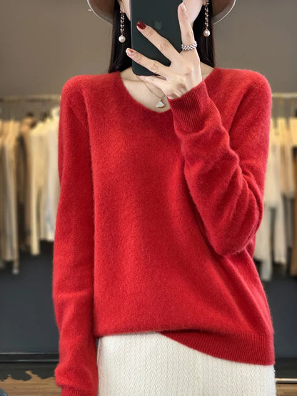 Suéter básico de otoño-invierno 2024 para mujer, 100 % lana merino, cuello en V, tejido de punto liso, jersey de oficina para mujer, manga larga, cachemir.