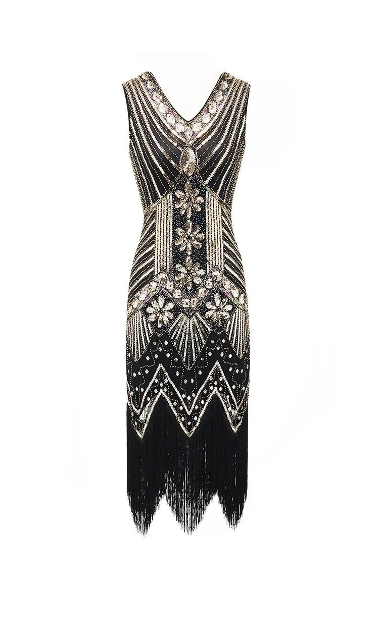 Mandylandy Women Vintage Dress Retro 1920s Great Gatsby Dress Sequin Flapper Sleeveless Dancing Party Prom Tassel Hem Dress