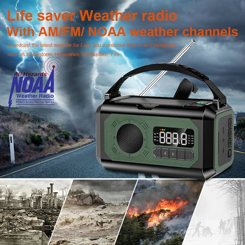Radio multifunción solar de 12000 mAh con manivela, radio meteorológica de emergencia, lámpara de lectura, banco de energía, alarma SOS para acampar, senderismo, tiendas de campaña