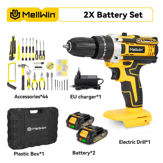 MELLWIN 25+3 Torque Electric Impact Drill 2-Speed Adjustable Cordless Electric Screwdriver Power Tool For 21V-18V Battery