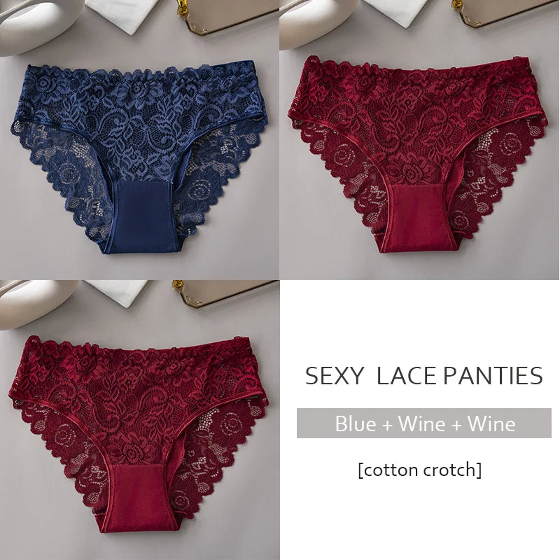 Conjunto de 3 bragas de encaje con bordado floral de lujo para mujer, lencería sexy hueca, ropa interior femenina, bragas transpirables para mujer.