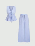 Women's Sets Two 2pcs Sale Summer V Neck Sleeveless Lace Up Vests&High Elastic Waist Striped Wide Leg Pant Suits OUYW-25014