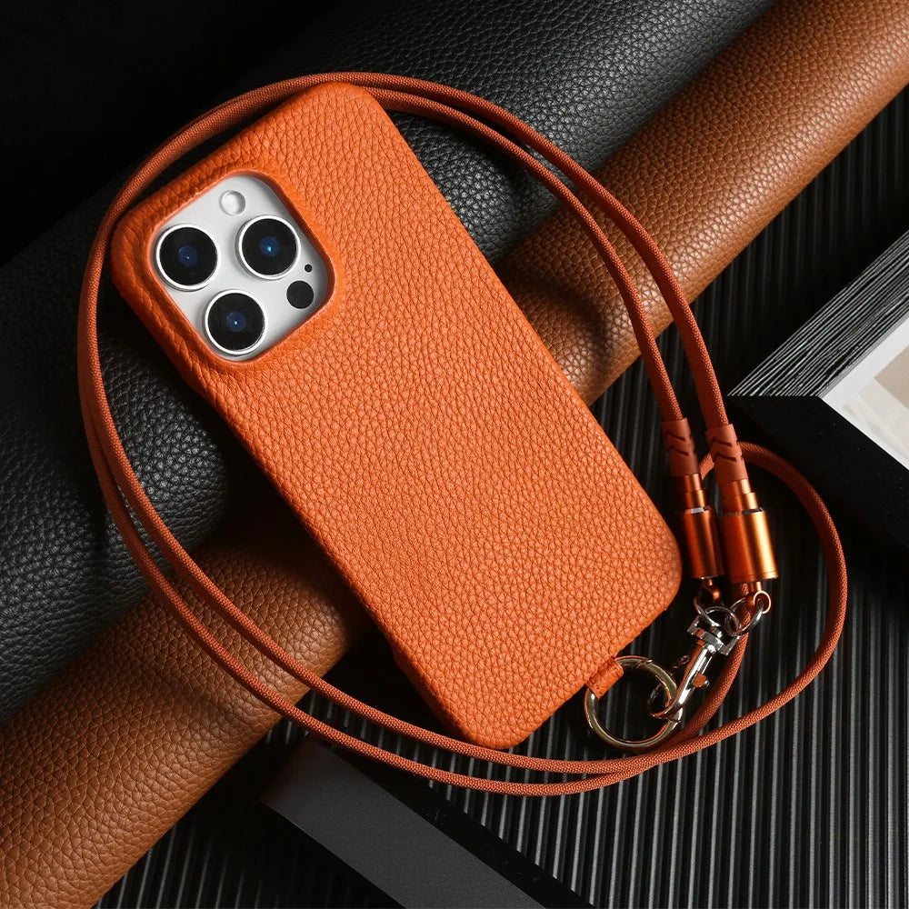 Funda de piel auténtica personalizable con cordón de carga para iPhone 16 Pro Max, 15, 14, 13, 12 y 11, con funda magnética.