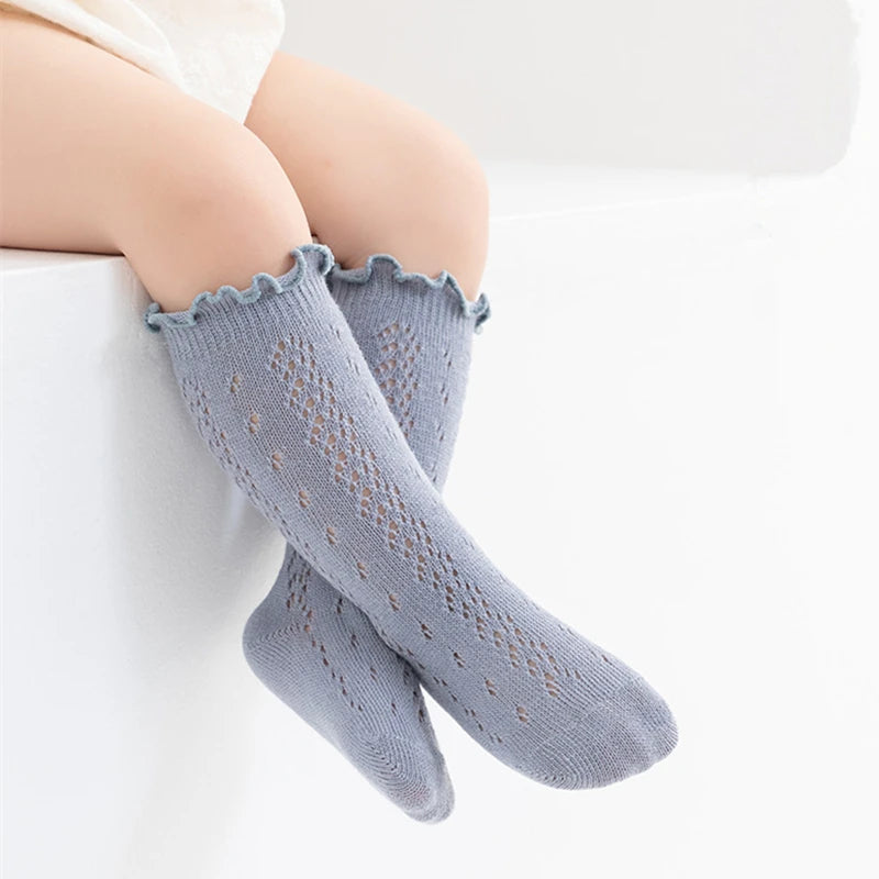 3 pares de calcetines para niñas pequeñas, calcetines de verano de encaje liso hasta la rodilla con volantes, calcetines largos de malla de algodón suave para bebés recién nacidos