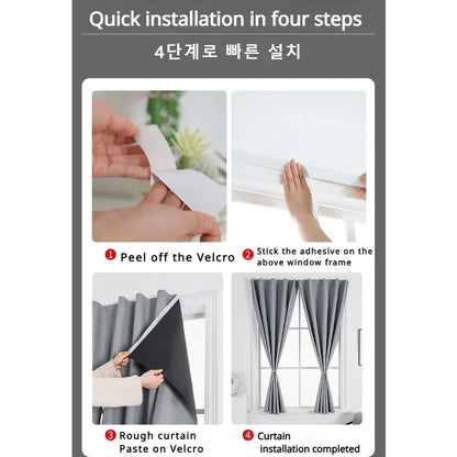 Convenient No Drilling 100% Blackout Short Curtains for Living Room Bedroom Bay Windows Blinds Easy Install Door Kitchen Decor