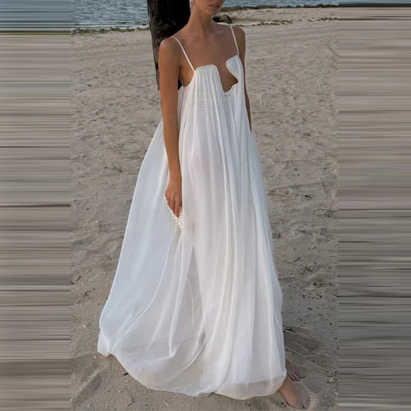 Lady Sexy Solid Color Deep V-neck Dress Elegant Suspender Beach Vacation Dress New Summer Chic Sleeveless Backless A-line Dress