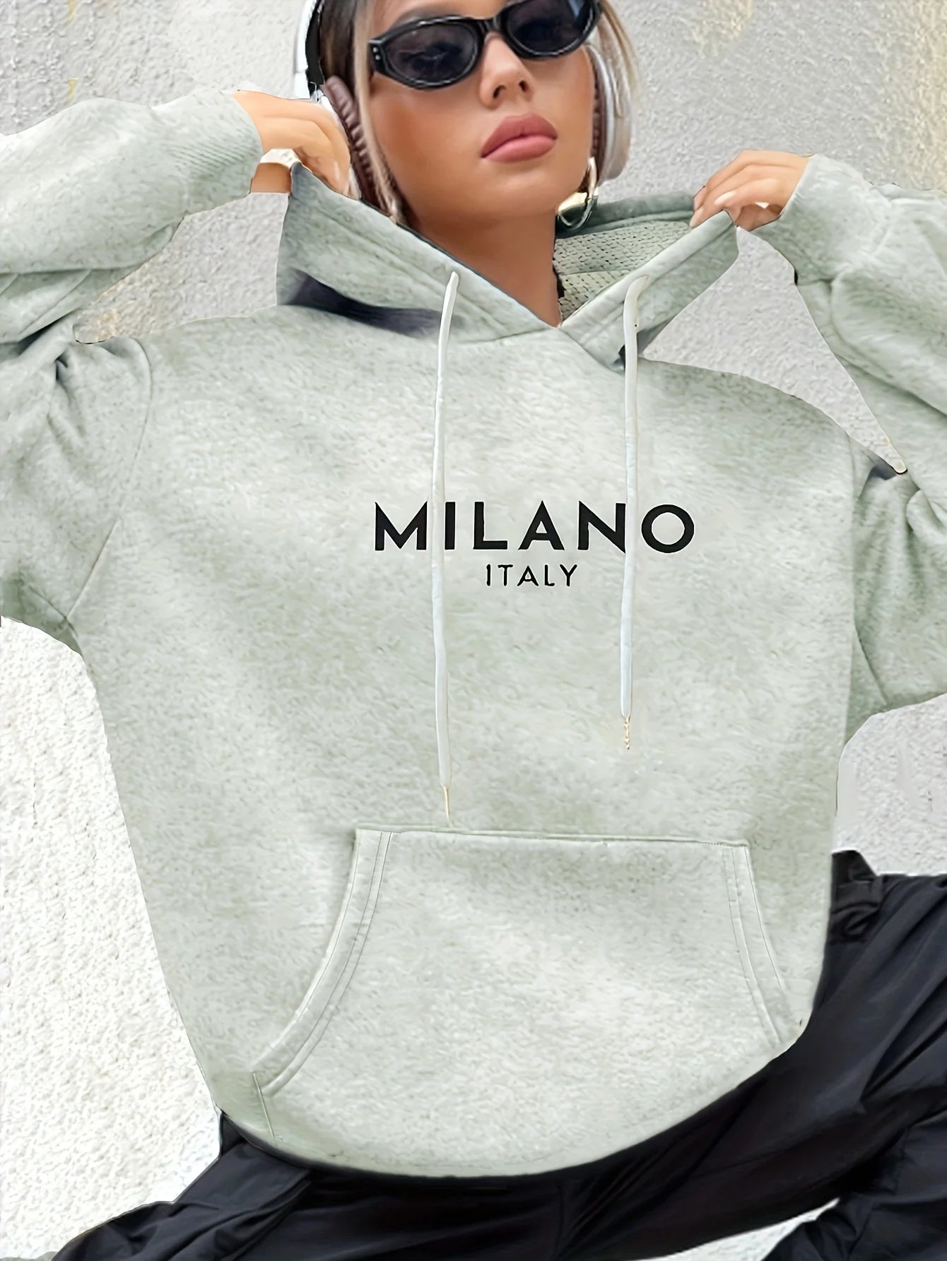 Milano Italy Polyester Hoodie for Women 100% Knit Fabric Alphabet Print Casual Long Sleeve Sweatshirt with Pocket