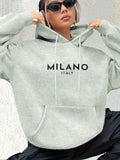 Milano Italy Polyester Hoodie for Women 100% Knit Fabric Alphabet Print Casual Long Sleeve Sweatshirt with Pocket