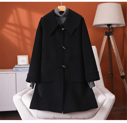 2025 Fashion Large Lapel Horn Button Women's Coat Autumn and Winter New Double-Sided Woolen 100%Pure Wool Warm Coat Large Pocket